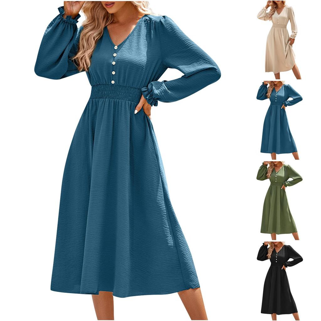 Женское повседневное и модное осенне-зимнее однотонное платье средней длины с v-образным вырезом и поясом