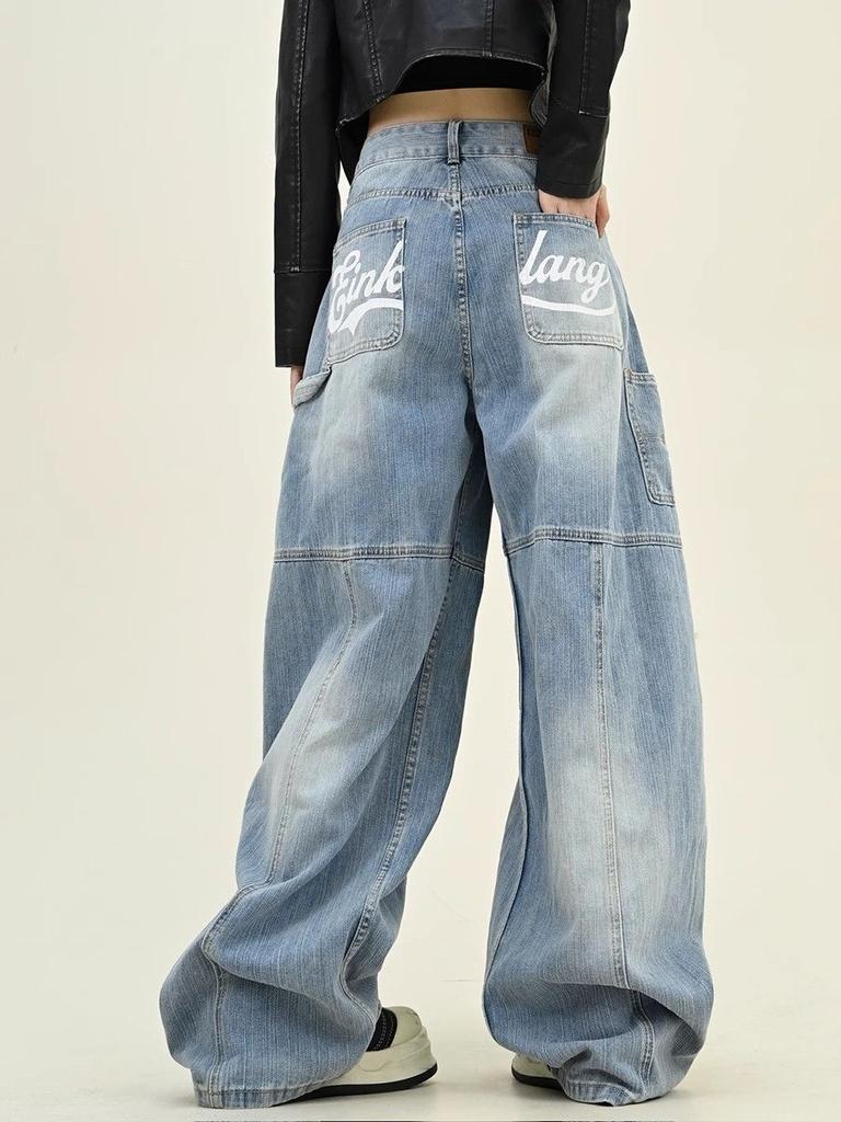 KOSY Y2K Ретро Вареные Джинсы Мешковатые с Принтом Букв Женские Американская Уличная Одежда Готика Харадзюку Брюки с Широкими Штанинами Парные Повседневные Джинсовые Брюки