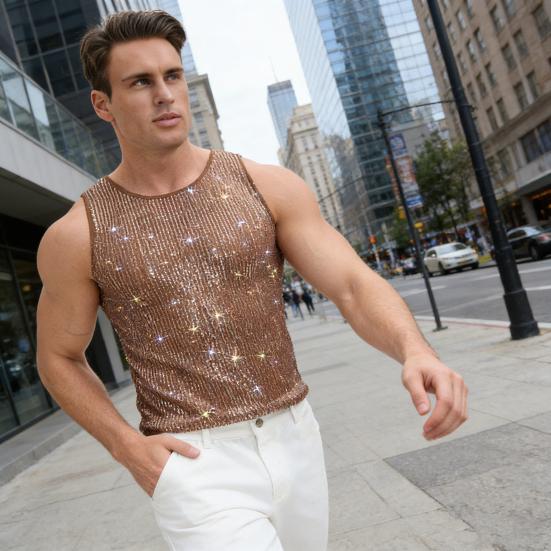 Мужской блестящий жилет со стразами, прозрачная сексуальная майка с круглым вырезом без рукавов для музыкального фестиваля, рейва, ночного клуба, бара, вечеринки
