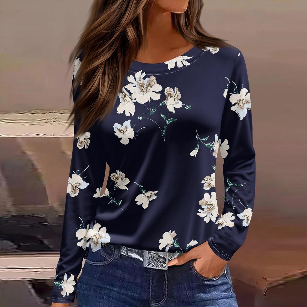 Женская модная повседневная свободная футболка с принтом и круглым вырезом с разрезом и длинным рукавом, женский топ