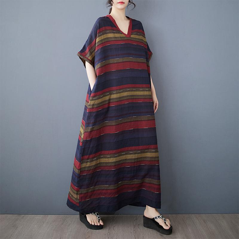 Dimanaf Женское 2025 Plus Size Летнее повседневное базовое платье Льняное винтажное свободное длинное платье в полоску макси Новое