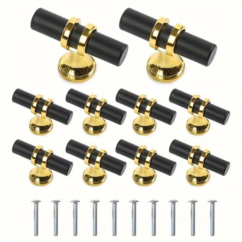 10pcs Elegant Black and Golden Cabinet Knobs - Polished Metal Drawer Pulls with Secure Mounting Screws, Perfect for Home Decor.