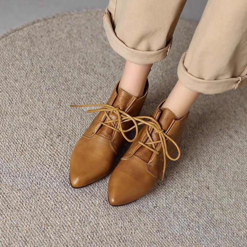 Fashion British Style Lace Up Boots for Women 2024 Winter New Women's  Soft Casual Leather Shoes Simple and Versatile Ladies