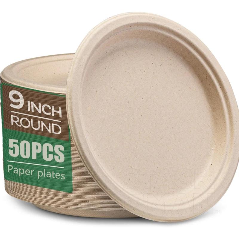 50PCS Disposable Round Plates Disposable Kitchen Dishes Barbecue Pasta Salad Noodle Desserts Restaurant Circular Paper Plates