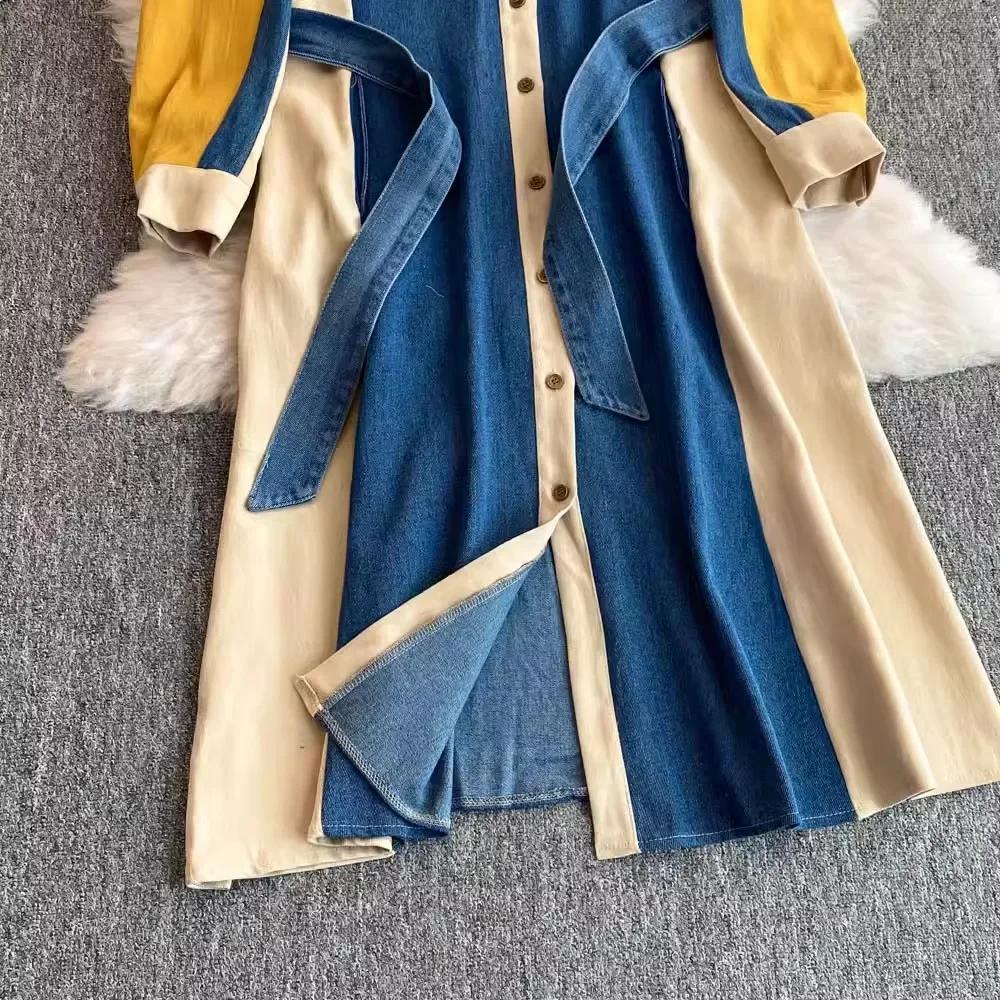 Lace Up High Waist Women 2025 Dresses Patchwork Denim Dresses Laple Long Sleeve Dress Femininos French Style Clothing