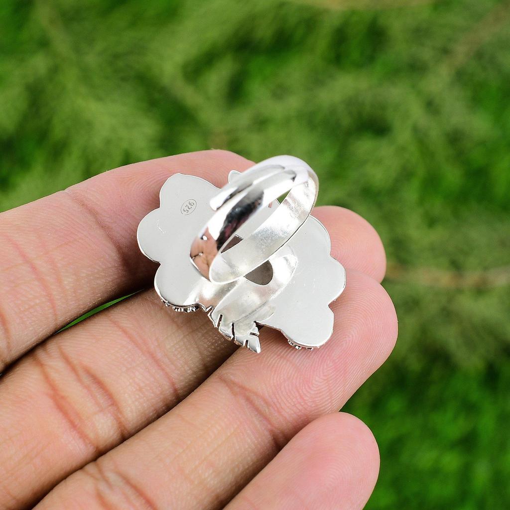 Natural Rainbow Moonstone 925 Silver Promise Flower Adjustable Ring For Girls