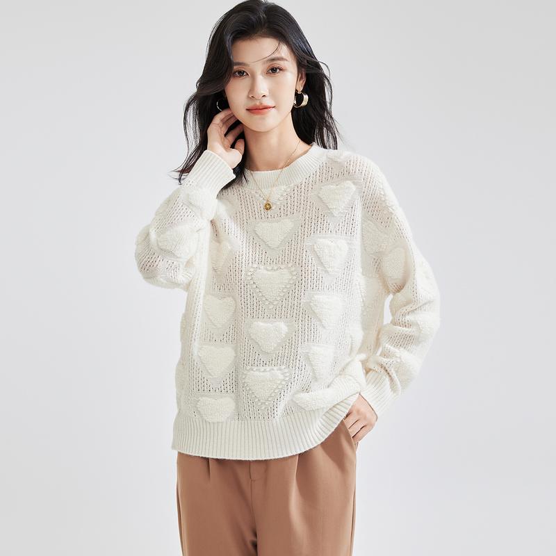 [Thick 100% Wool] Autumn/Winter Round Neck Long Sleeve Solid Color Triangle Love Women's Hoodie Wool Sweater