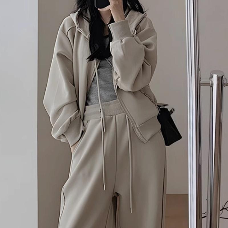 Women's Hoodie and Sweatpants Two Piece Set  Autumn Winter Solid Loose  Korean Fashion Y2k Zip Up Hoodie Sweatshirts