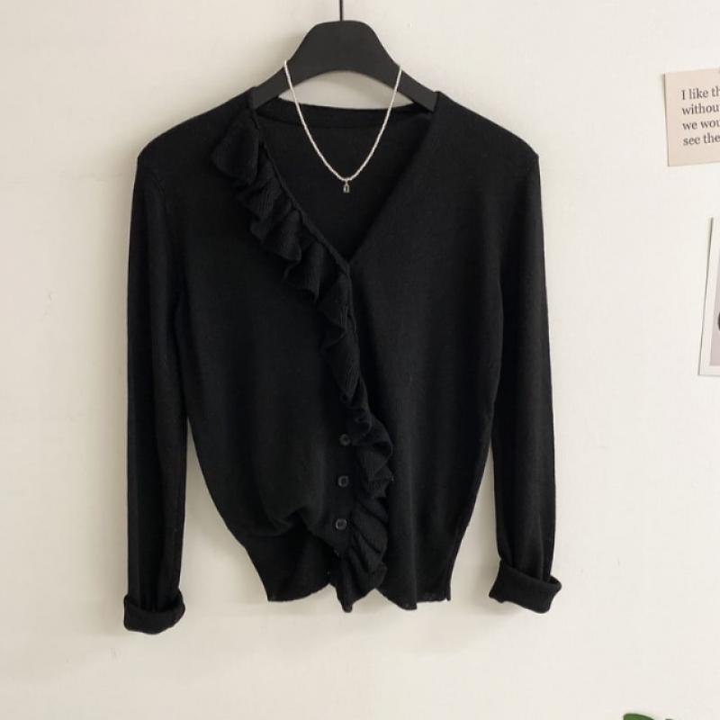 Honey J Frill V Neck Ribbed Knit Cardigan  3 Colors 