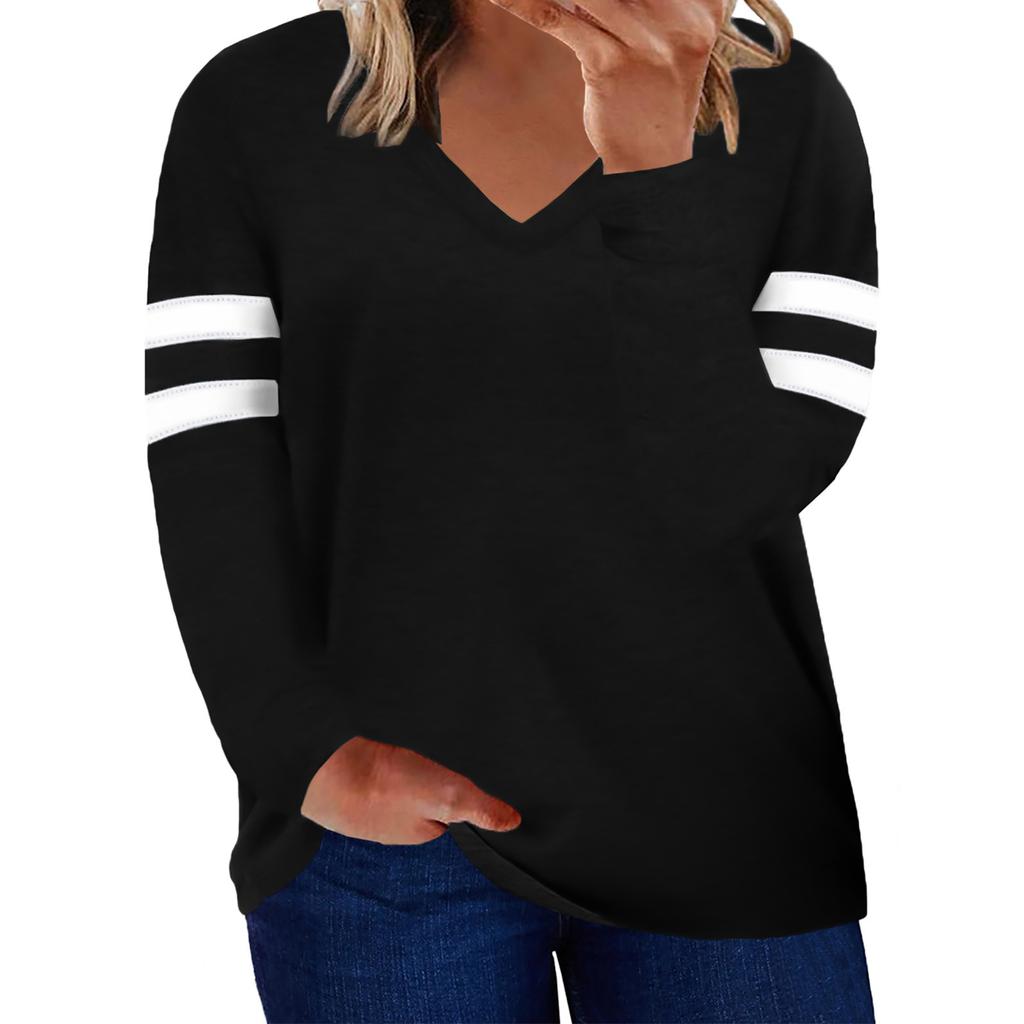 Women's Casual V Neck Pullover Long Sleeve Striped Colorblock Oversized Shirts