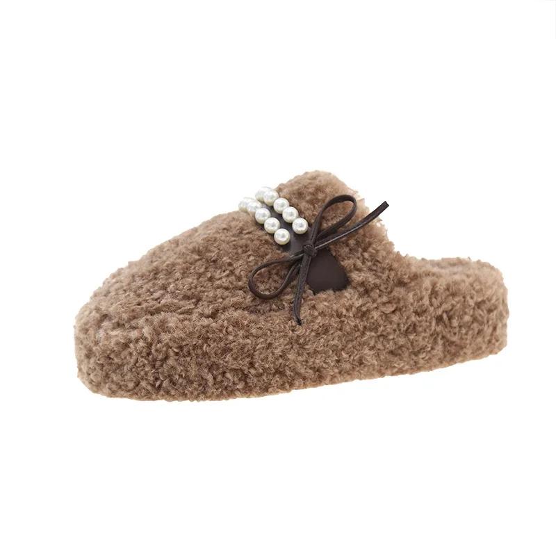 Fashion Fur Slippers Women Leopard Cotton Beaded Flats Shoes Woman 2024 Trend Winter Fashion Slingback Casual Warm Snow Boots Flip Flops