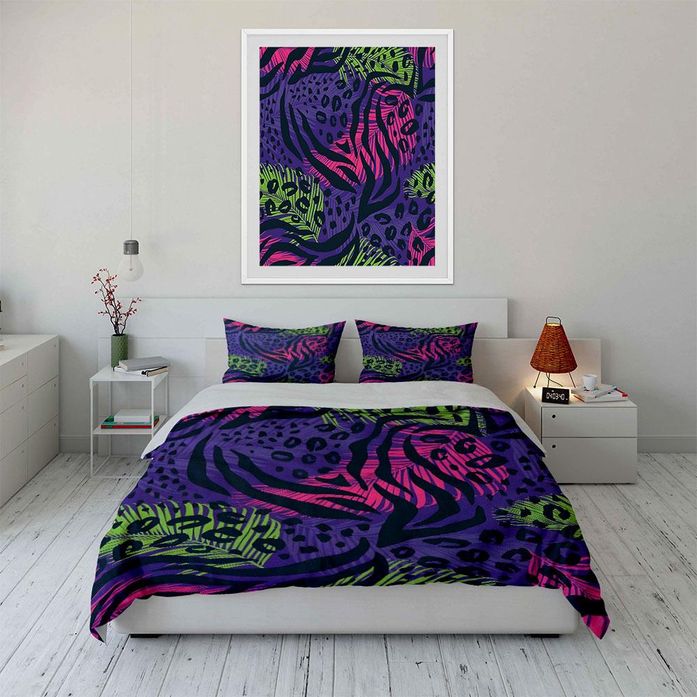 3Pcs Neon Safari Bedding Set, Purple Background with Mixed Animal Prints and Palm Leaves Print Duvet Cover, Wild Style