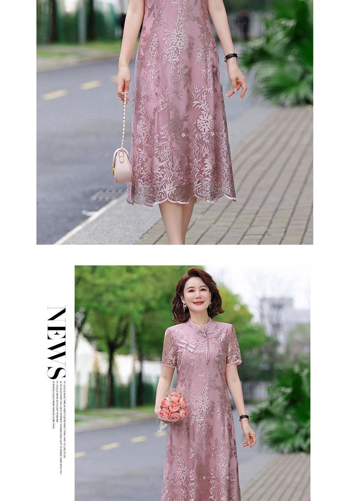 Retro Chinese Style Cheongsam Knee-Length Dress for Middle-Aged Women