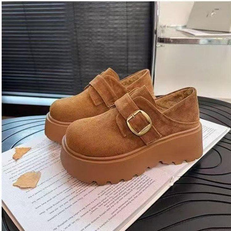 Платформа маффин Birkenstocks осенне-зимние новые обувь на платформе флисовая теплая маленькая матовая кожаная хлопковая обувь