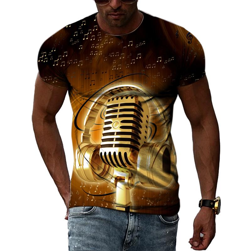 Summer Fashion Music Element Pattern T-shirt Hip-Hop Trend Microphone  Printing Tops Casual Novelty Men's Short Sleeved Clothing