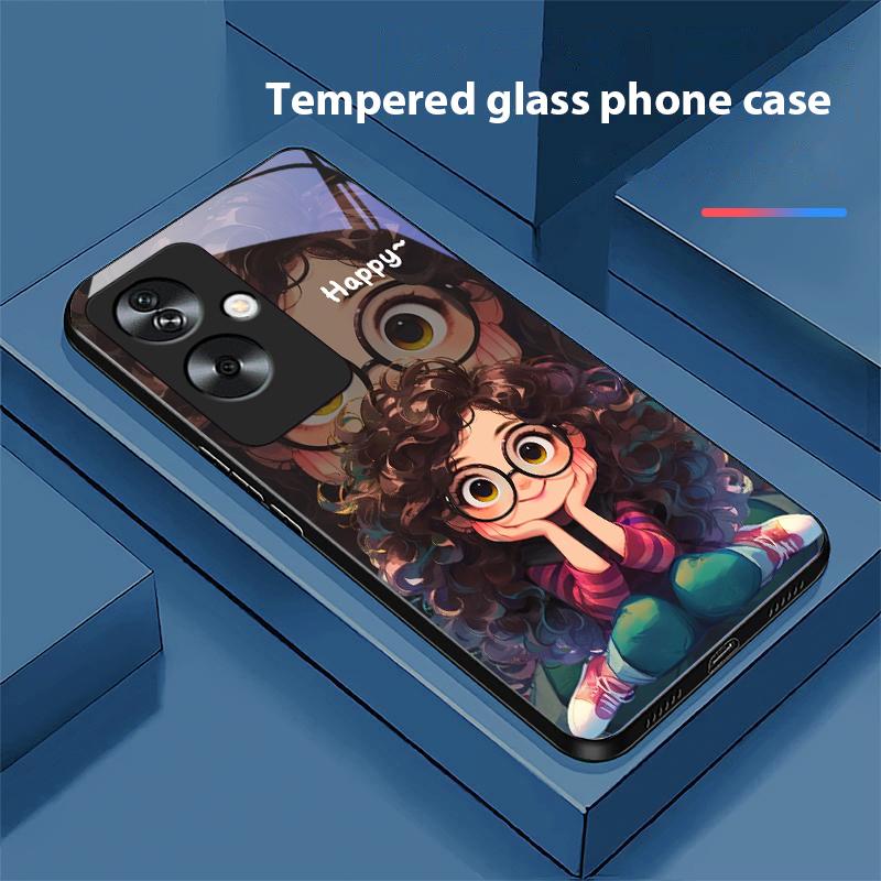 Девушка с кудрявыми волосами Для Oppo A79 5G 58 78 74 60 4G Reno 11F Realme GT 6 11 Note 50 10 C55 X2 Закаленное стекло Черный чехол для телефона