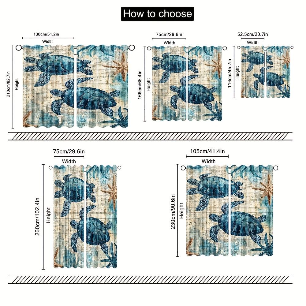 2pcs, Nautical Green Sea Turtle Curtains, Beach Theme Fabric Set with Blue Ocean Design, Ideal for Enhancing Coastal and Beach