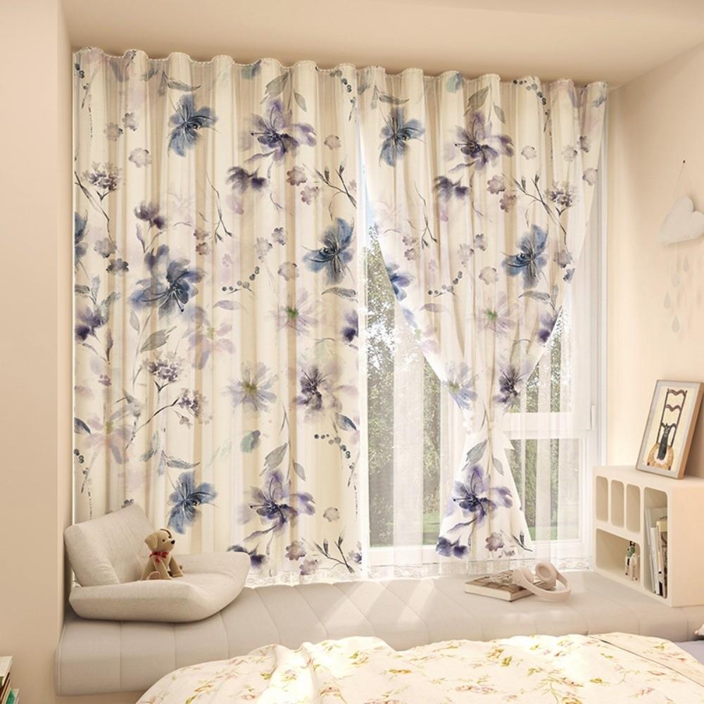 1 Pc No Drill Double Layer Curtain Cartoon Pattern with Rope Blackout Curtains Self-adhesive Bedroom Curtains Rental Housing