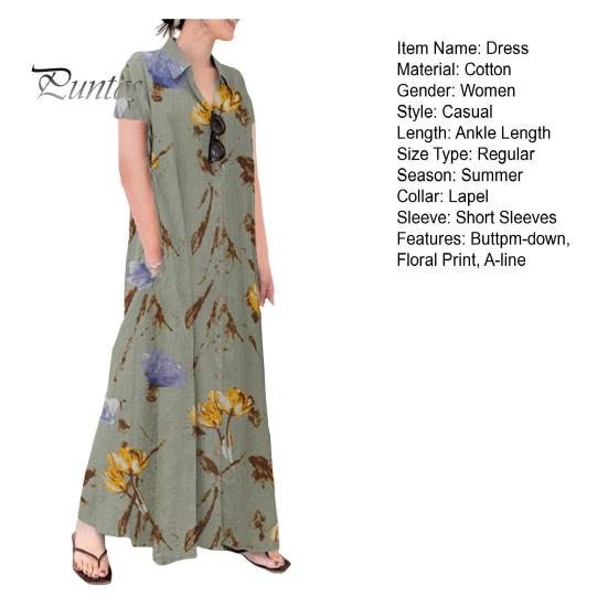 Женское летнее платье трапециевидной формы с лацканами, свободная рубашка с цветочным принтом, с короткими рукавами на пуговицах и боковыми карманами, длинное платье до щиколотки
