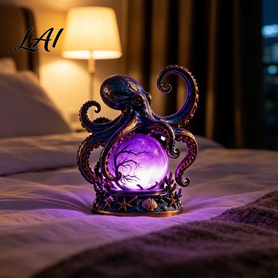 Octopus Crystal Ball Lamp Deep Sea Lamp 3D Handmade Engraved Resin Night Light with Marine Life Home Decor LED Base Bedroom Ambient Nautical