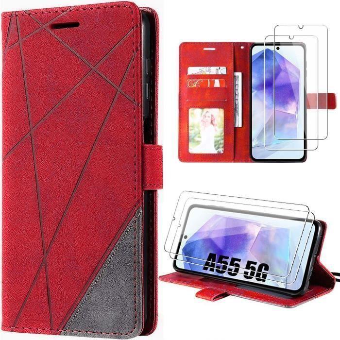 Coque de protection - BOOLING - pour Samsung Galaxy A55 5G - Cuir PU - Rouge - Support intégré