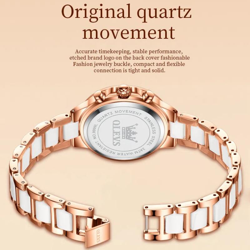 Ladies' Three Eye Timing Quartz Watch Diamond Inlaid Bezel Ceramic Strap Waterproof Luminous Women's Light Luxury Watch