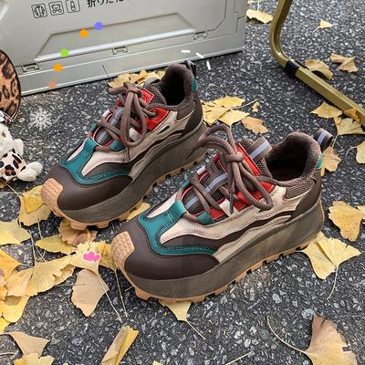 Модная женская повседневная спортивная обувь Осень Новая Круглый носок Сочетание цветов Перед шнуровкой Толстая подошва Противоскользящая Износостойкая Одинарная обувь