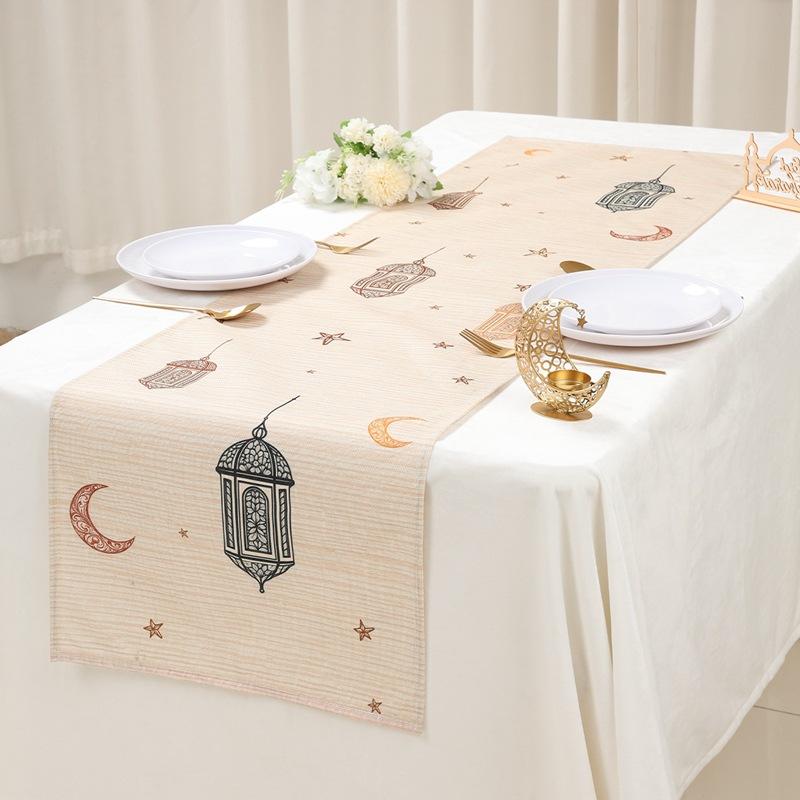 1Pcs Ramadan Eid Mubarak Polyester Table Runner Party Decor Moon Lantern Eid Dining Table Runners Ramadan Decorations