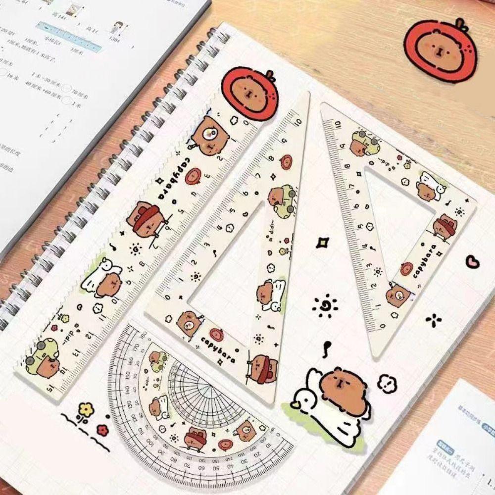 Симпатичная линейка, набор из четырех предметов, мультяшный узор с капибарой, набор линеек, треугольный транспортир, детский набор