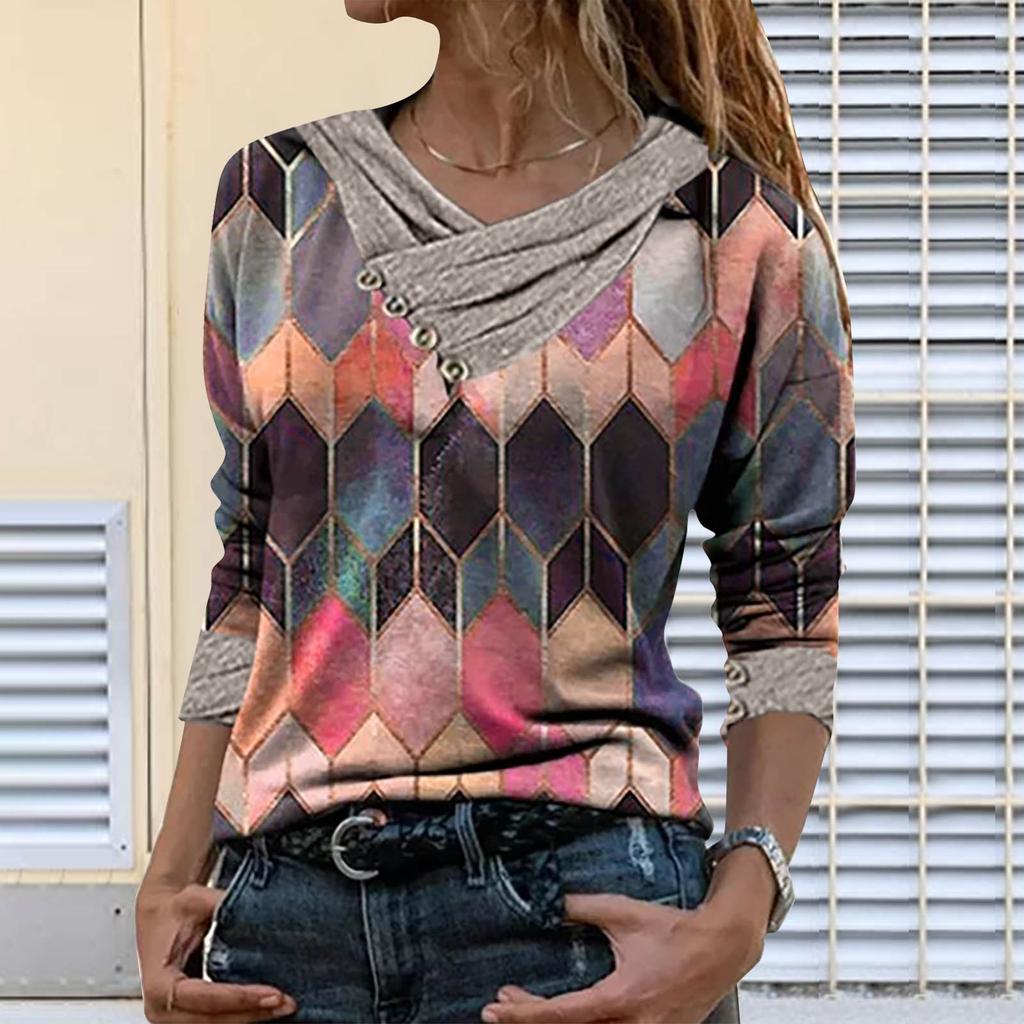 (SU)Женская блузка с длинным рукавом и воротником с вышивкой и принтом тай-дай