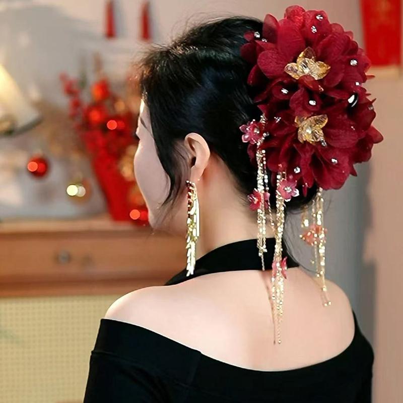 Универсальная заколка для волос с цветком, кисточкой из пайеток, зажим-акула для женщин, девочек, ретро заколка-коготь для волос, элегантные цветочные аксессуары для волос, подарок