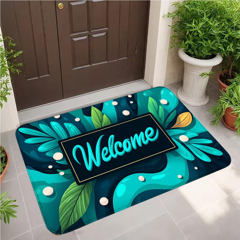 Tropical Teal Welcome Doormat Abstract Leaf and Dot Pattern Non Slip Floor Mat for Modern Tropical Home