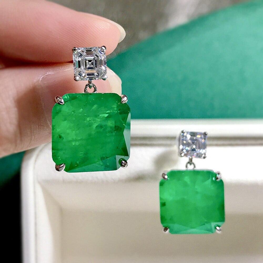 Wong Rain 100% 925 Sterling Silver Emerald Paraiba Asscher Cut High Carbon Diamonds Gemstone Drop Dangle Earrings Fine Jewelry