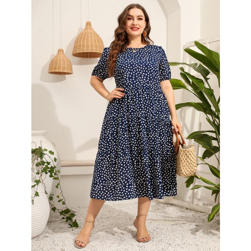 Летнее женское платье размера плюс, нерегулярное платье в горошек с коротким рукавом, свободные длинные платья с круглым вырезом и большим подолом