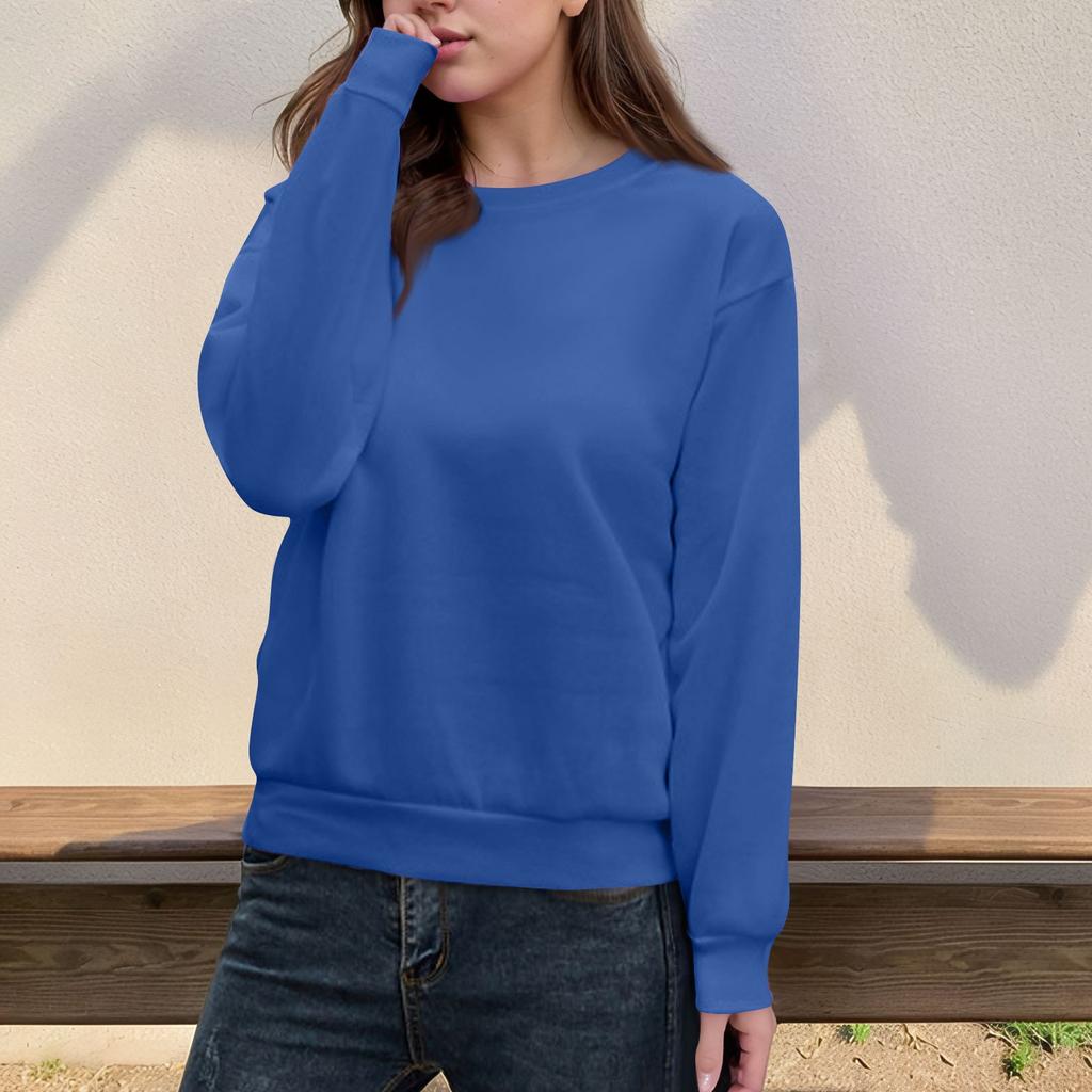 Women's Casual Fashion Top Solid Color Round Neck Long Sleeve Pullover Top