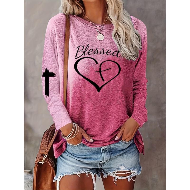 Letter and Heart Pattern Casual Long Sleeved Round Neck T-shirt for Women's Clothing