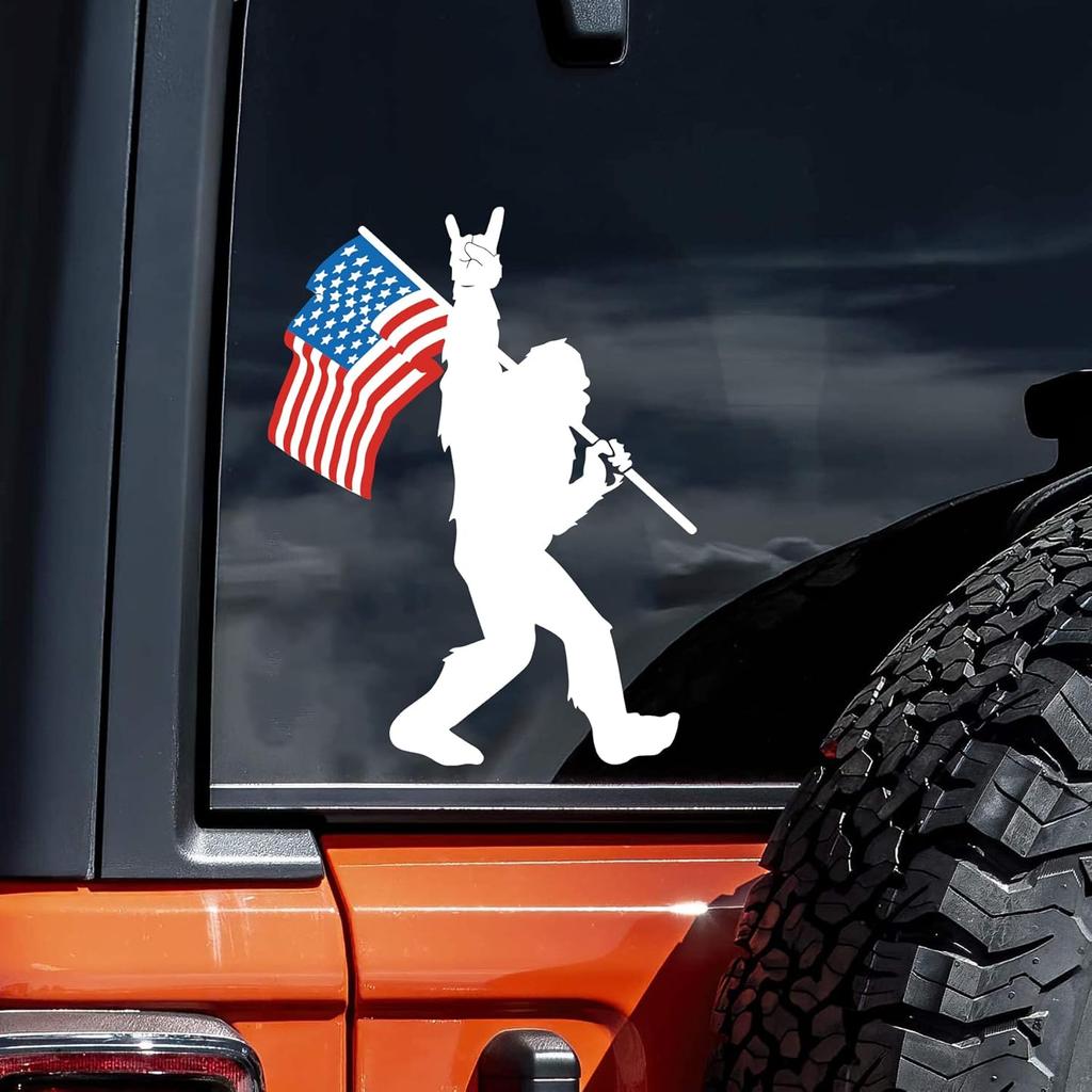 WSQ Sasquatch Bigfoot Rock On n Flag Vinyl Decal Sticker Premium Quality Vinyl Size 5-inch for Car Bumper Truck Van SUV Window Wall Boat Cup Tumblers