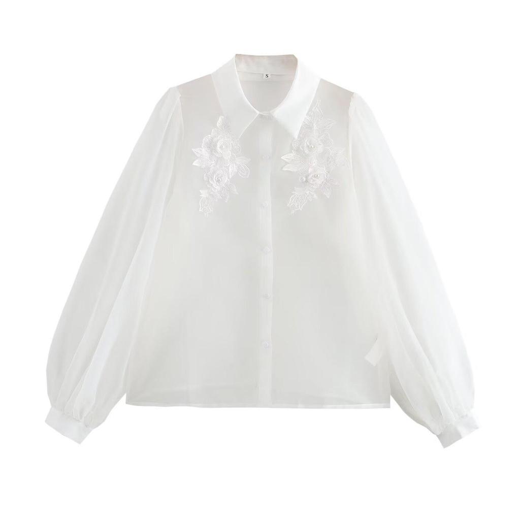 2024 Autumn Women's European-American Style Organza Flower See-Through Shirt