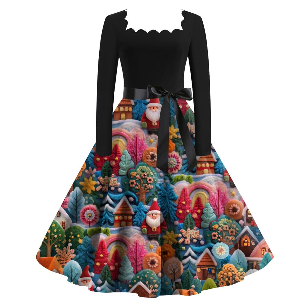 Женское модное ретро вечернее платье с длинным рукавом, квадратным вырезом и рождественским принтом