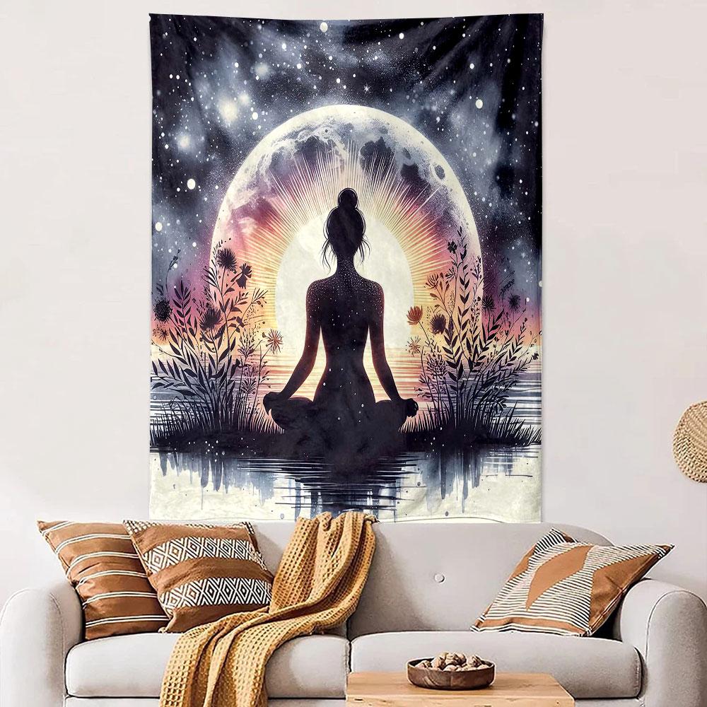 "Yoga Silhouette with Moon and Nature" Patterned Tapestry Decorative Wall Hanging, Home Bedroom Living Room Decor