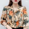 Women's Spring and Summer Chiffon Shirt Ladies Casual Half-sleeved Lace Collar Printed Shirt Top