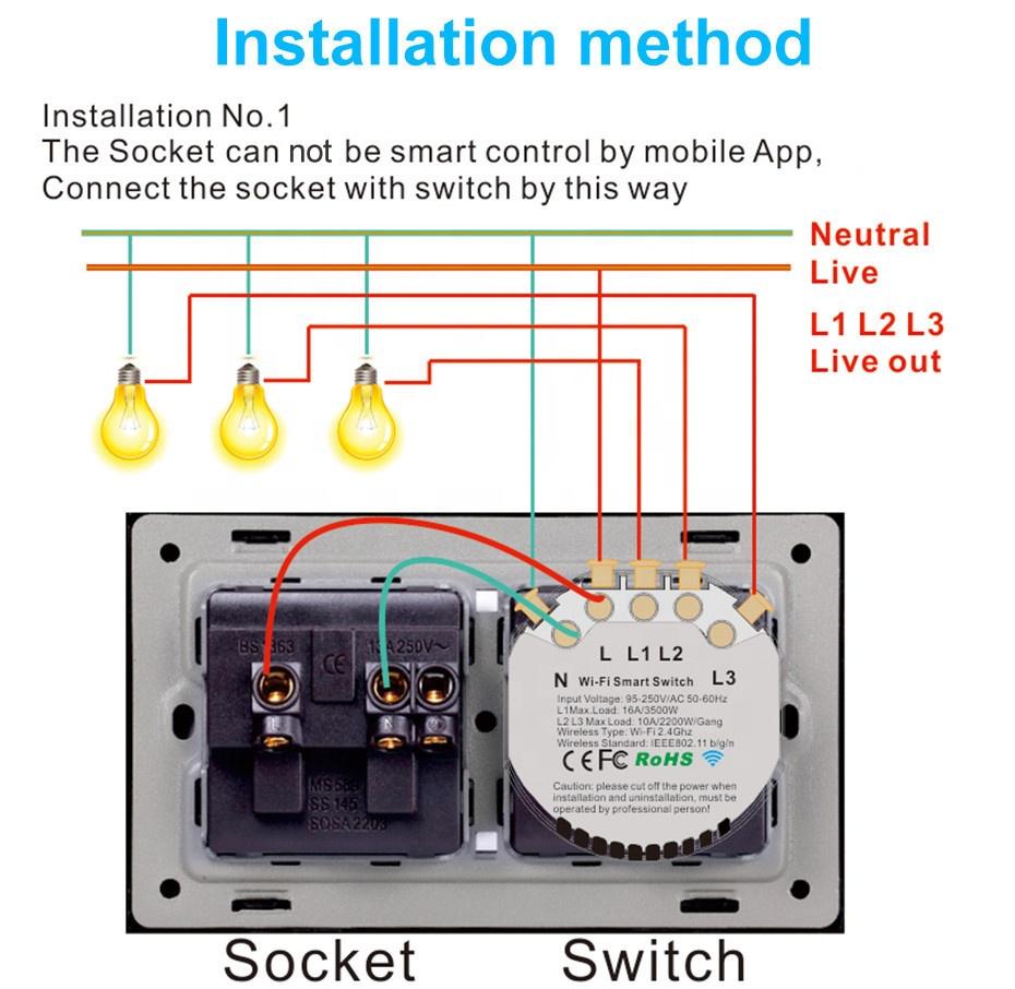 Wifi 3 Gang Wall Light Switch Smart Socket and Switch With EU Standard