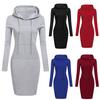 Solid Color Women Long Sleeve Pocket Bodycon Hooded Sweatshirt Hoodies Dress