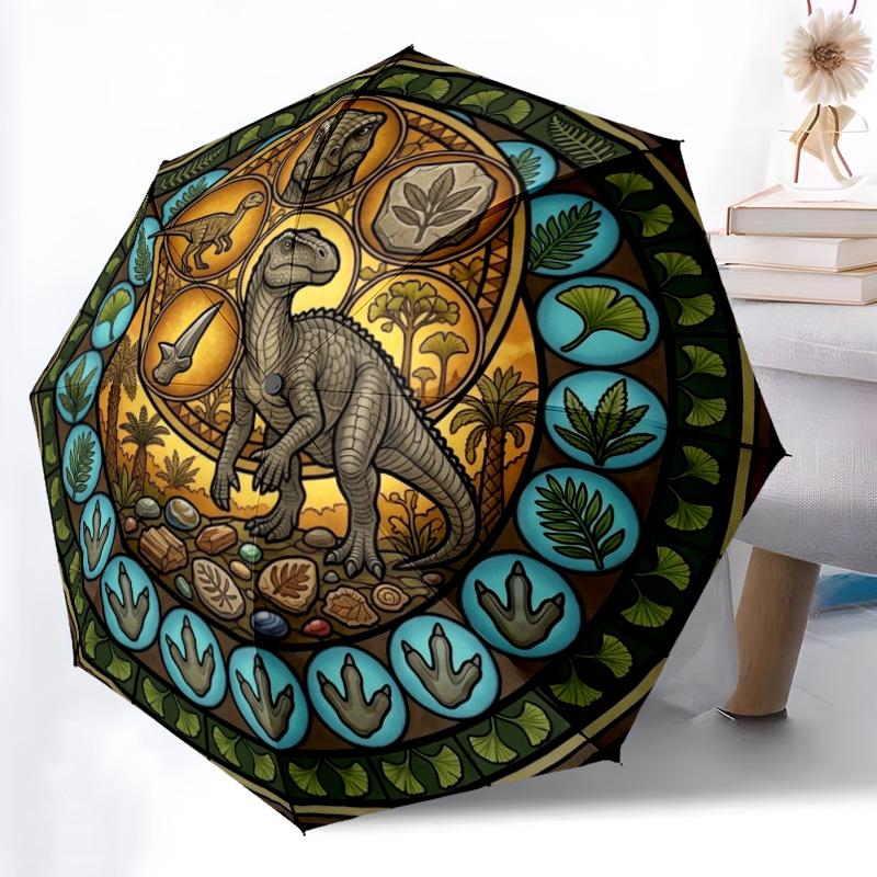 Dinosaur Glass Art pattern umbrella, portable and foldable design, 8 ribs, a casual accessory for Halloween, Christmas, and birthday gifts.