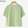 ZANZEA Женская свободная повседневная однотонная блузка с круглым вырезом и коротким рукавом