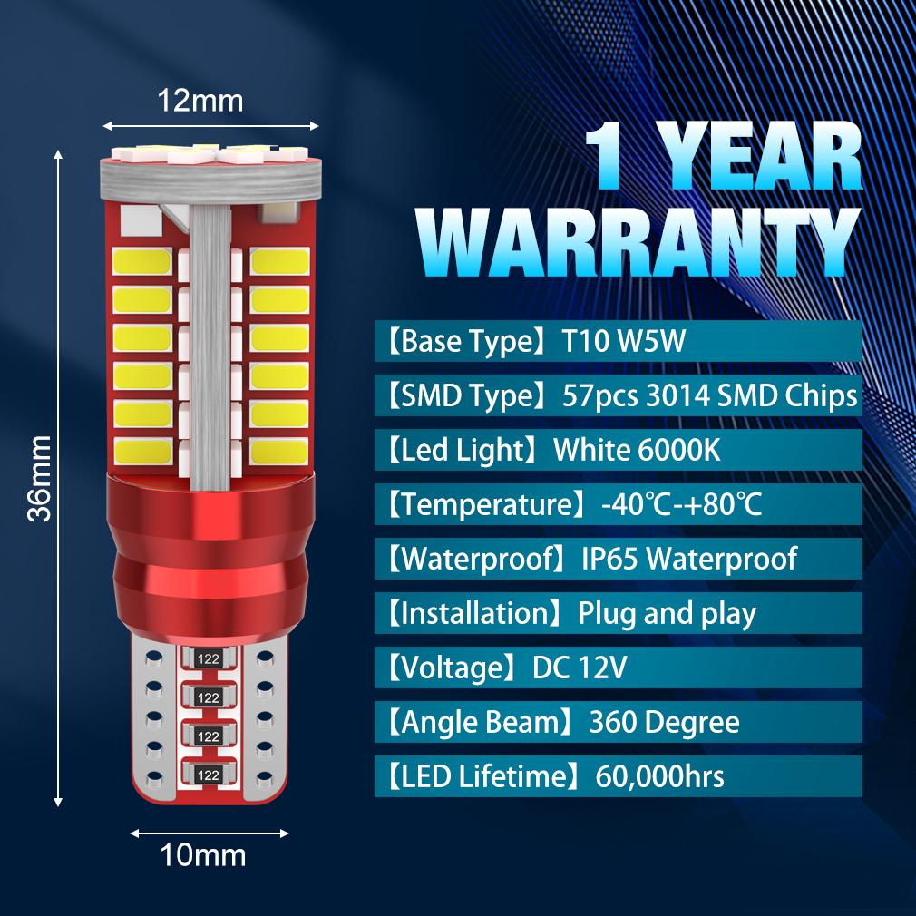 2 шт. T10 W5W Led 168 192 57 шт. 3014 чипы лампа Canbus автомобильный парковочный фонарь салон автомобиля освещение приборов белый 6000 К 12 В