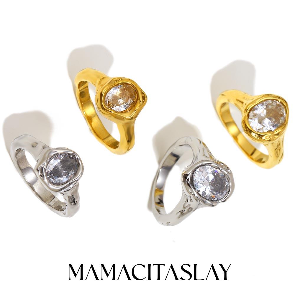 MamacitaSlay Кольцо из нержавеющей стали 316L с цирконами, неправильной формы, с покрытием 18 карат золотом, водостойкое, женское, классическое, высокое качество