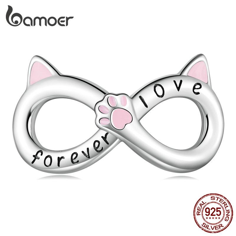 BAMOER из стерлингового серебра 925 пробы, милый розовый кот и бесконечный символ, бусина для женщин, браслет и браслет, ювелирные изделия своими руками