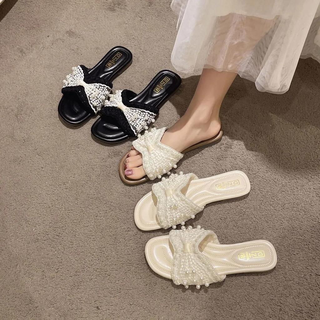 Французский сказочный стиль однослойная женская верхняя одежда 2025 лето новинка мягкая подошва повседневный универсальный модный жемчужный крутой шлепанцы прилив