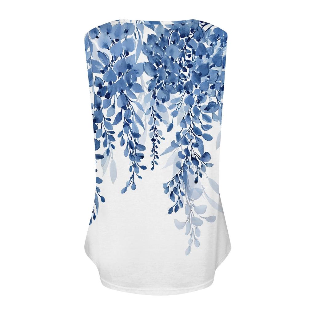 Summer Womens Tank Tops V Neck Casual Printed Sleeveless Shirts Casual Loose Fit Pleated Tshirts Tees Ladies Blouse